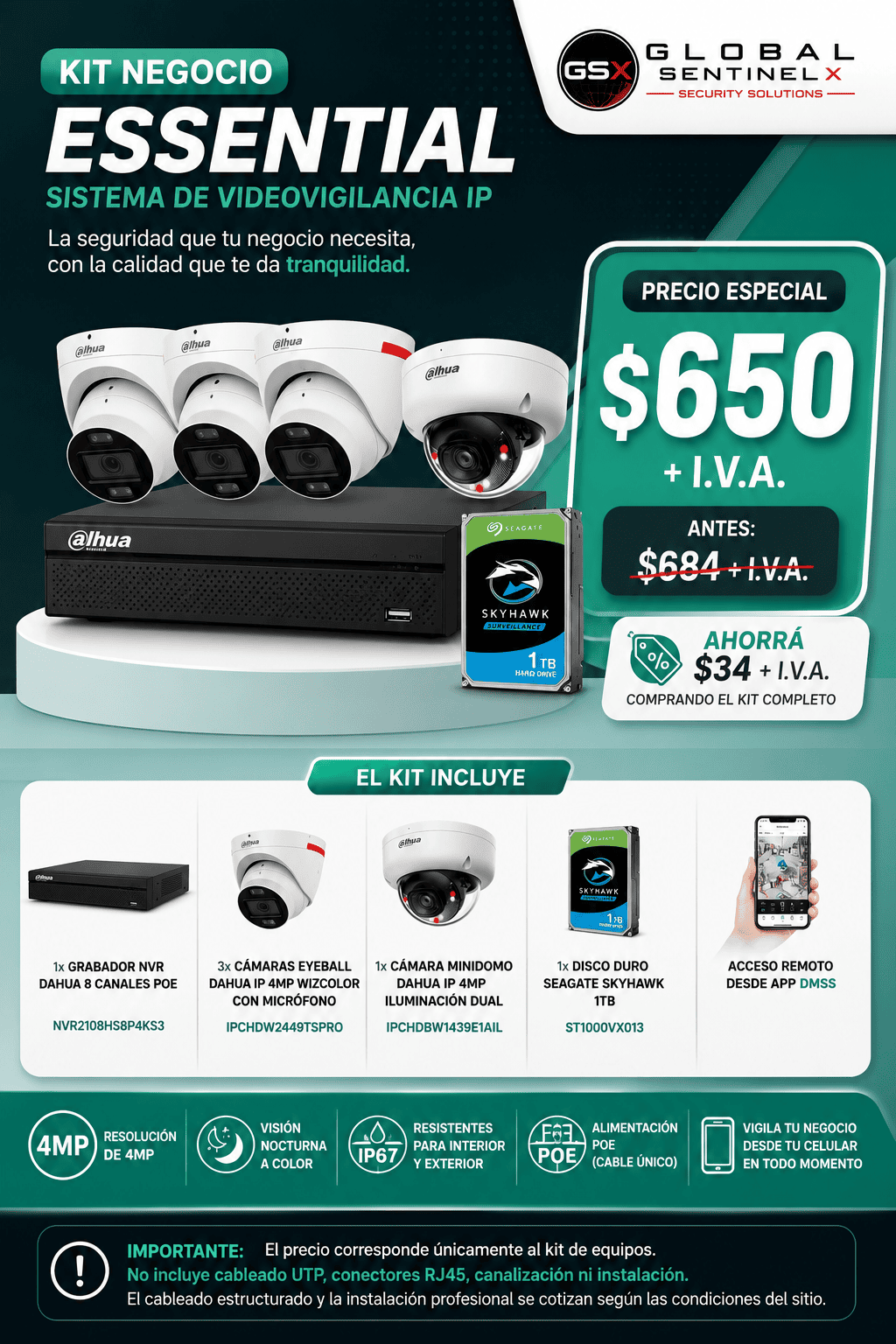 kit negocio essential | 3 cámaras ip poe dahua 4mp + cámara ip para caja